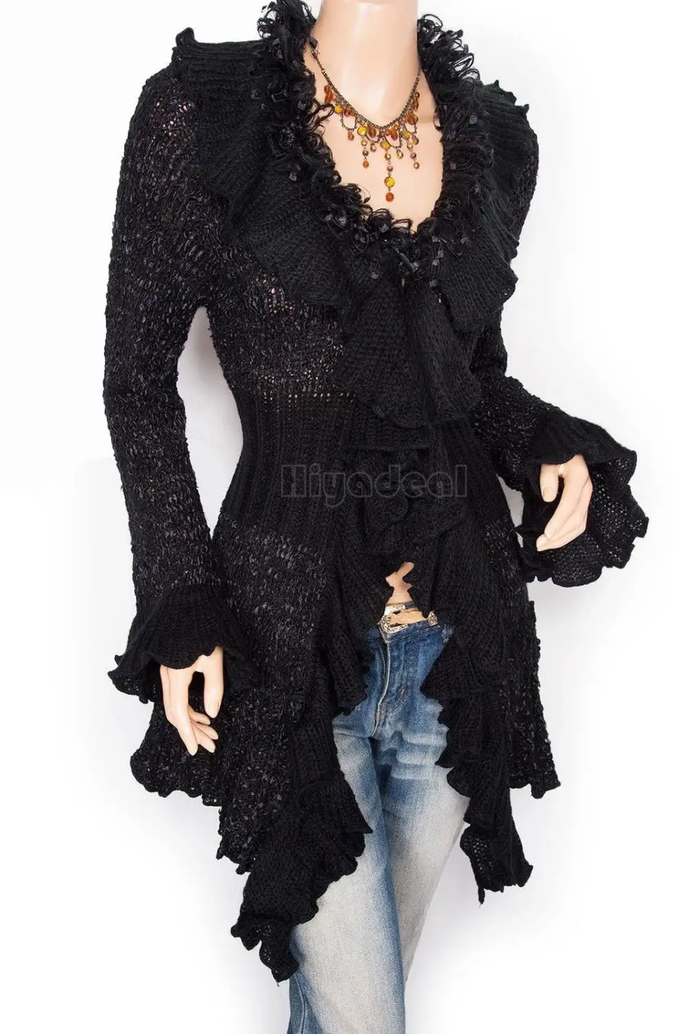 Free Shipping Women Fold Floral Applique Tiered Hem Cardigan Long Knitted Sweaters 2015 New Arrival Promotion |