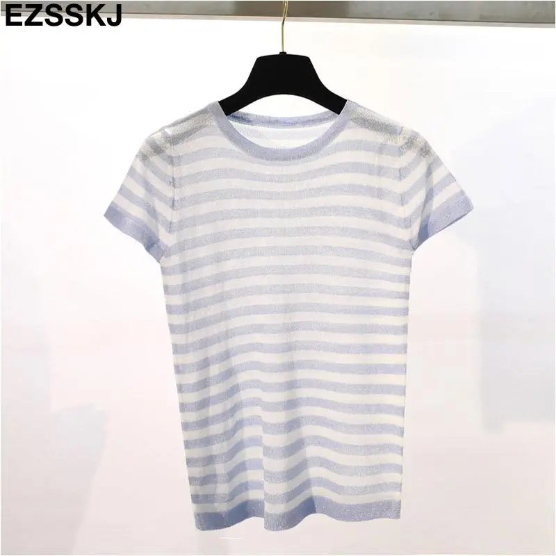 Небесно-голубой thin summer striped knit t-shirt Women short sleeve T-Shirt bling O-neck cool Glitter Basic t-shirt sexy shiny top - Цвет: Небесно-голубой
