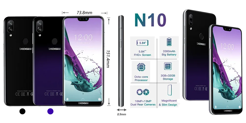 DOOGEE N10 мобильный телефон 16,0 Мп фронтальная камера 3360 мАч Android 8,1 4GLTE Восьмиядерный 3 Гб ram 32 Гб rom 5,84 дюймов FHD+ 19:9 дисплей