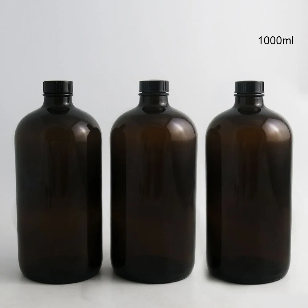 

33Oz Deep Amber Boston Round Glass Liquid bottle with Phenolic Cone Cap 1000cc Glass Containers