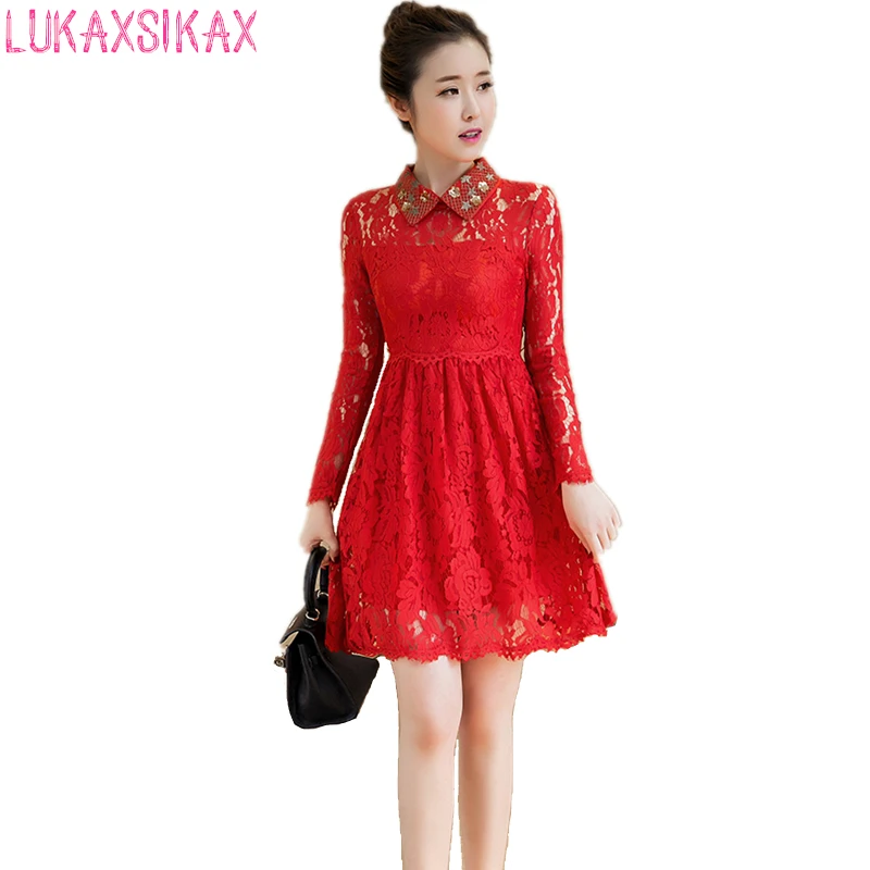 Новинка 2017 года Для женщин осеннее платье Корейский моды Питер Пэн воротник с