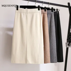 Женская шерстяная юбка-карандаш, трикотажная юбка до колена с разрезом, Осень-зима 2019