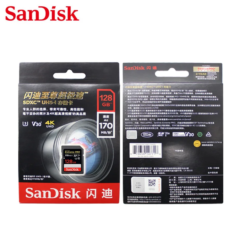 100% Original Sandisk Memory Card Extreme Pro V30 High Speed 170MB/s 128GB Class 10 U3 USH-I SD Card For Camera