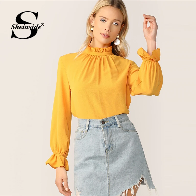 Sheinside элегантный воротник-стойка шифоновая блузка для женщин Весна имбирь рукав-Волан блузки дамы Твердые Замочная скважина Топ