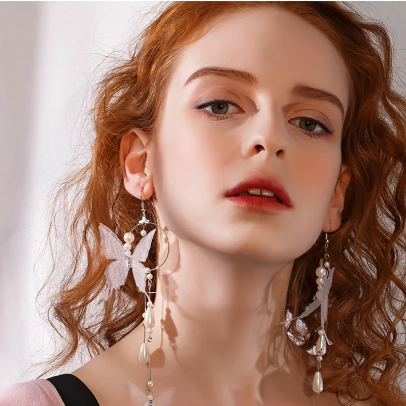 Подвеска в виде бабочки женские длинные серьги с кисточками жемчужные большие