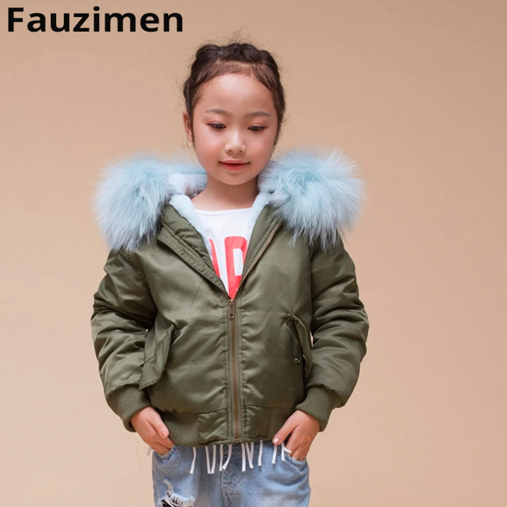 Ветрозащитный детская утепленная мех кролика парки енота меховой воротник Тренч