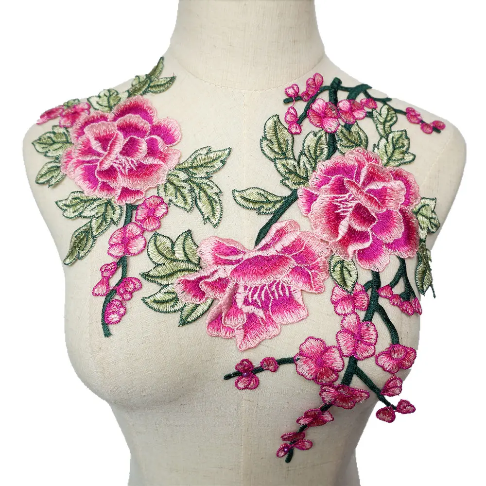 2 шт. аппликации из ткани с вышитыми листьями и розовыми пионами для вечернего