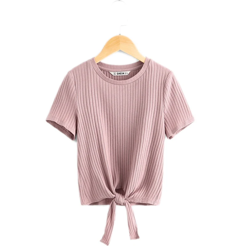 SHEIN/детская розовая однотонная Повседневная футболка в рубчик с бантом для девочек, топы для подростков, г. Летняя модная Милая Детская футболка с короткими рукавами