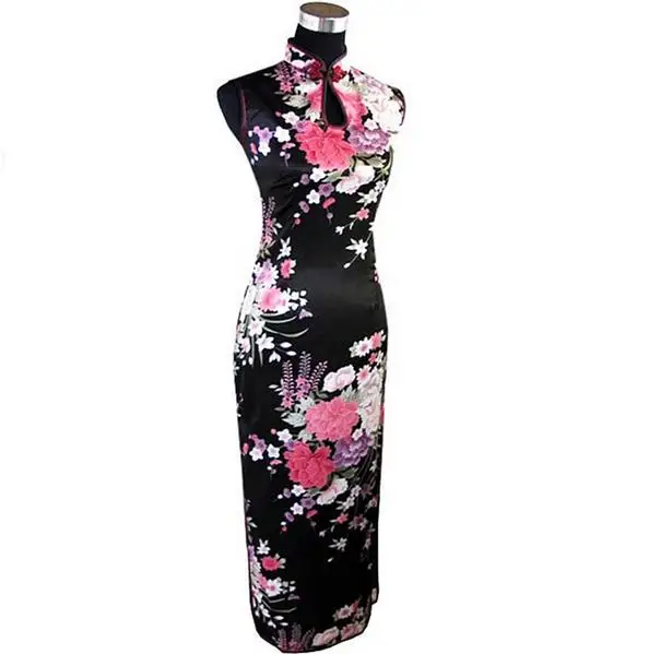 

Black Print Flower Sleeveless Chinese Dress Silk Rayon Long Qipao Sexy Dripping Cheongsam Summer Clothing S M L XL XXL WC040