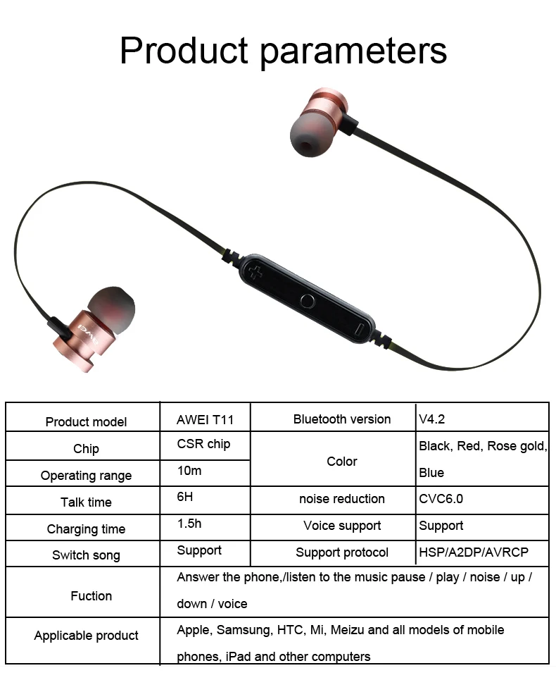 AWEI T11 Bluetooth наушники беспроводные наушники с микрофоном для телефона Бас Звук гарнитура с магнитным наушником наушники Auriculares