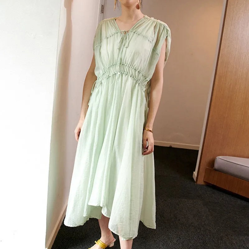 green TWOTWINSTYLE, летнее пляжное платье для женщин, v-образный вырез, без рукавов, высокая талия, бандаж, с рюшами, миди платья, женская мода, новинка - Цвет: green
