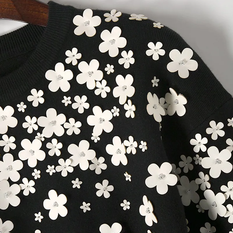 

Makuluya Women Fashion Beaded Flowers Sweater Lady's Black Knitting Basic Tops Pullover Autumn Spring Warm High Quality QW