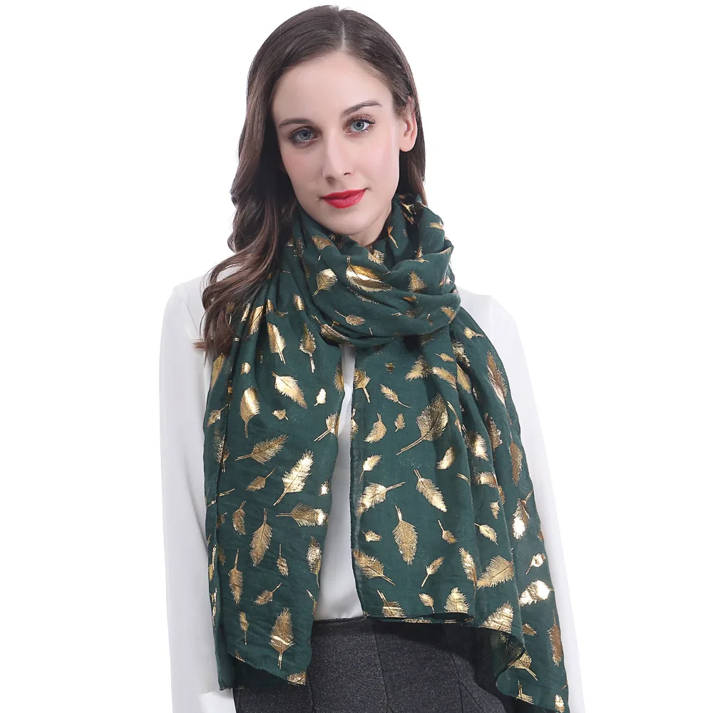 Женский большой продолговатый шарф с золотыми перьями мягкая легкая шаль -