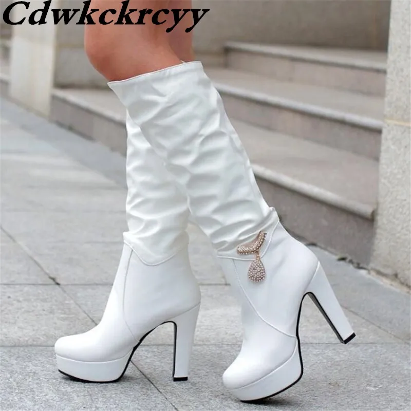 Promotion winter Minimalism High cylinder boots High-heeled Waterproof Korean Edition fashion white Women Boots plus size 34-43