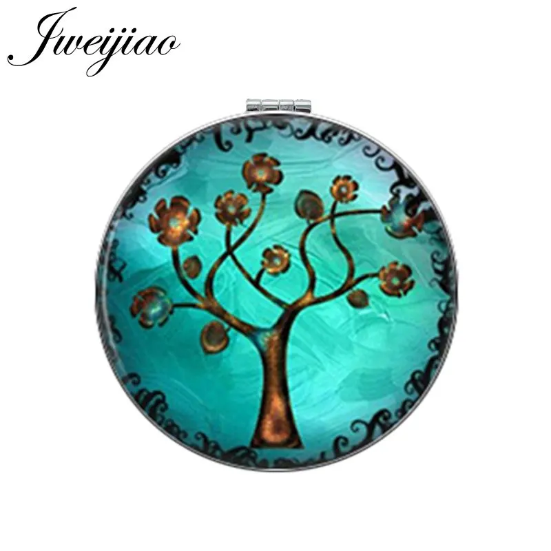 JWEIJIAO Gree Life Tree Golden Leaf Round Makeup Mirror Mini Folding Compact Pocket Mirror Portable 1X/2X Magnifying