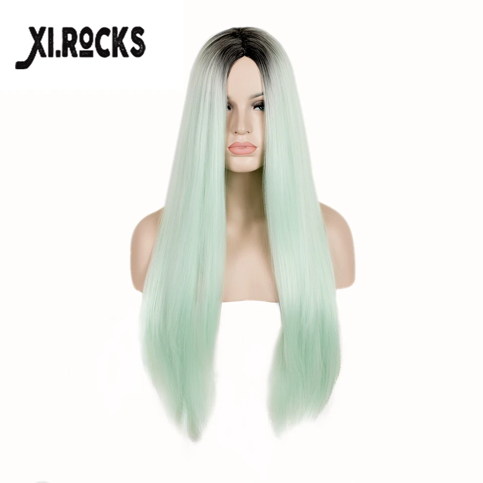 

3101 Xi.rocks Black Ombre Light Green Hair Synthetic Jenner Sexy Style Peruca Stylish Long Straight Cosplay Wigs for Women