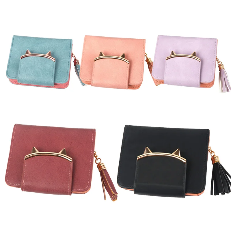 Women Cat Ears PU Leather Tassel Wallet Short Mini Womens Wallets Purse for Money Credit Cards OH66 | Багаж и сумки