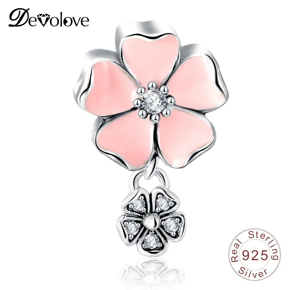 Devolove 925 пробы Серебряный Шарм розовый Enamle цветок подвеска Fit оригинальный пандоры