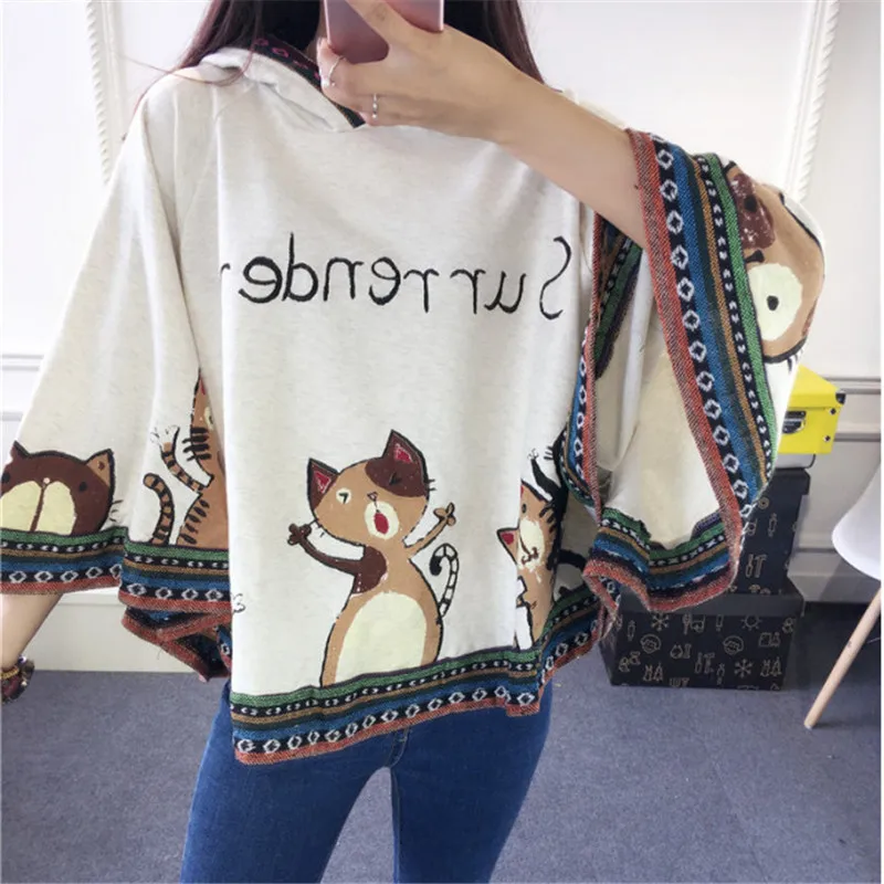 Merry Pretty плащ пальто для женщин Осень мультфильм печати рукав "летучая мышь" толстовки куртки пончо пуловер кавайная накидка верхняя одежда с капюшоном