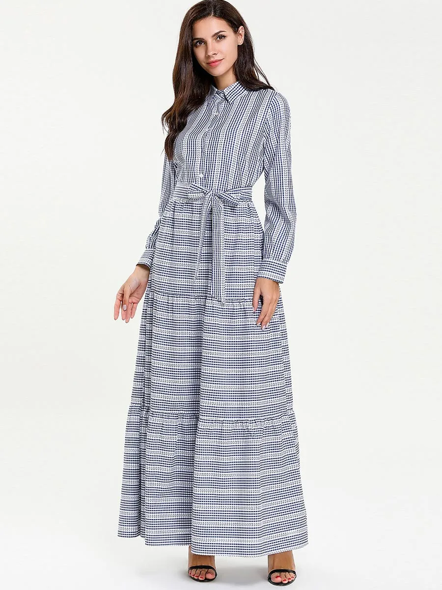 Женское офисное длинное платье в полоску с поясом абайя модное турецкое