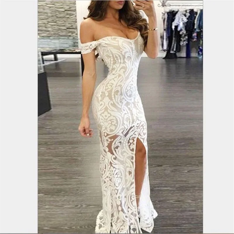 Women Summer Dress 2019 Maxi Dresses For Long Sexy Club Sleeveless V-Neck Party White Lace Hollow Out | Женская одежда