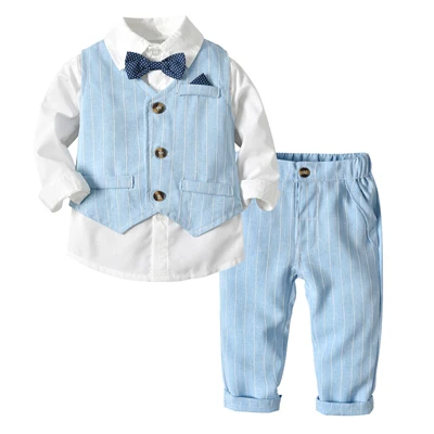 Blue Одежда для маленьких мальчиков коллекция года, детские костюмы на свадьбу для мальчиков жилет в полоску+ белая рубашка+ штаны, комплект из 3 предметов, одежда для мальчиков детская верхняя одежда - Цвет: Blue