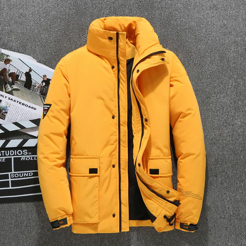 

Down Jacket Men Fashion Casual Autumn Thick Warm White Duck Down Solid Big Pockets Men Coat Winter