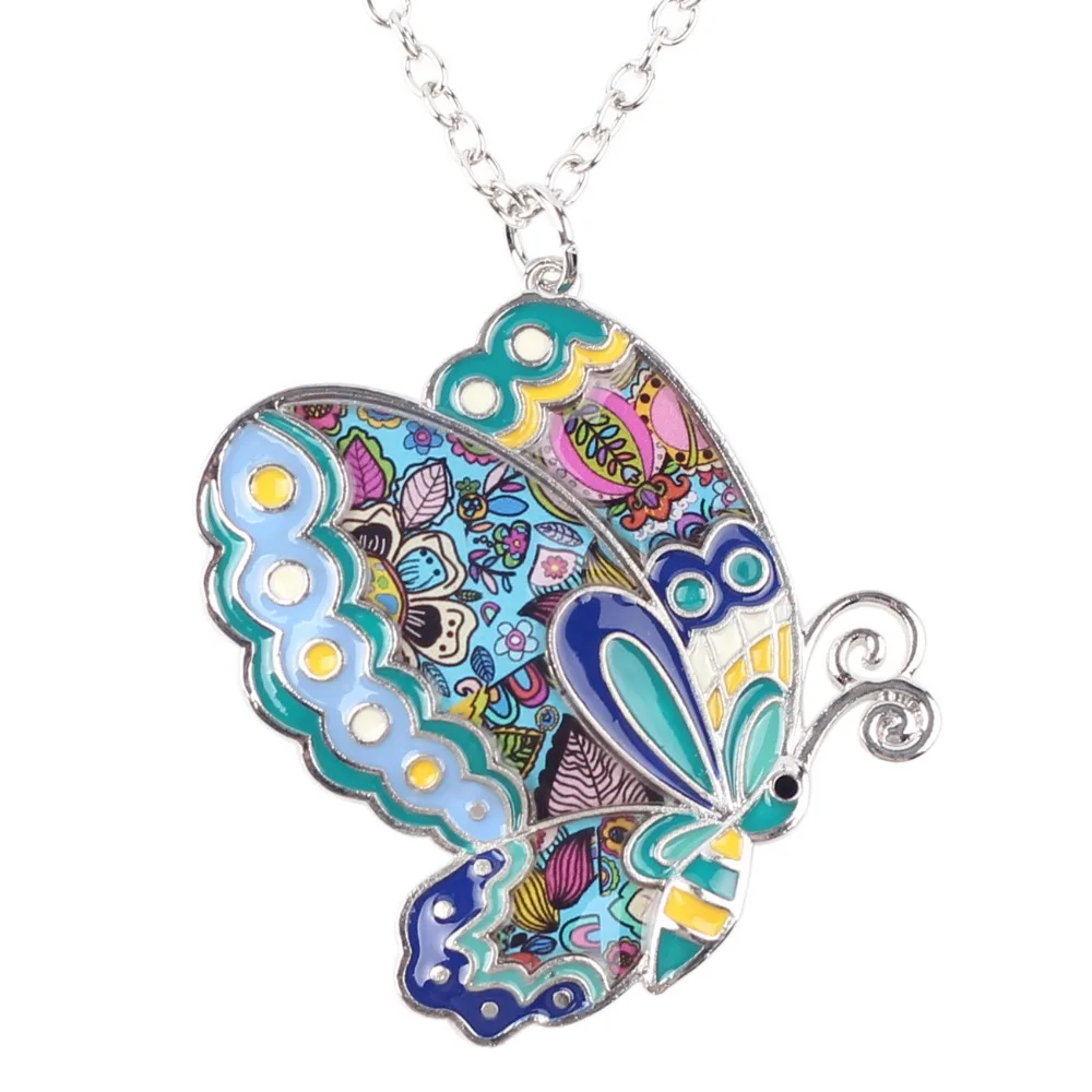 Bonsny Enamel Alloy Floral Butterfly Necklace Pendant Chain Collar Novelty Insect Jewelry For Women Girls Gift Party Accessories | Украшения