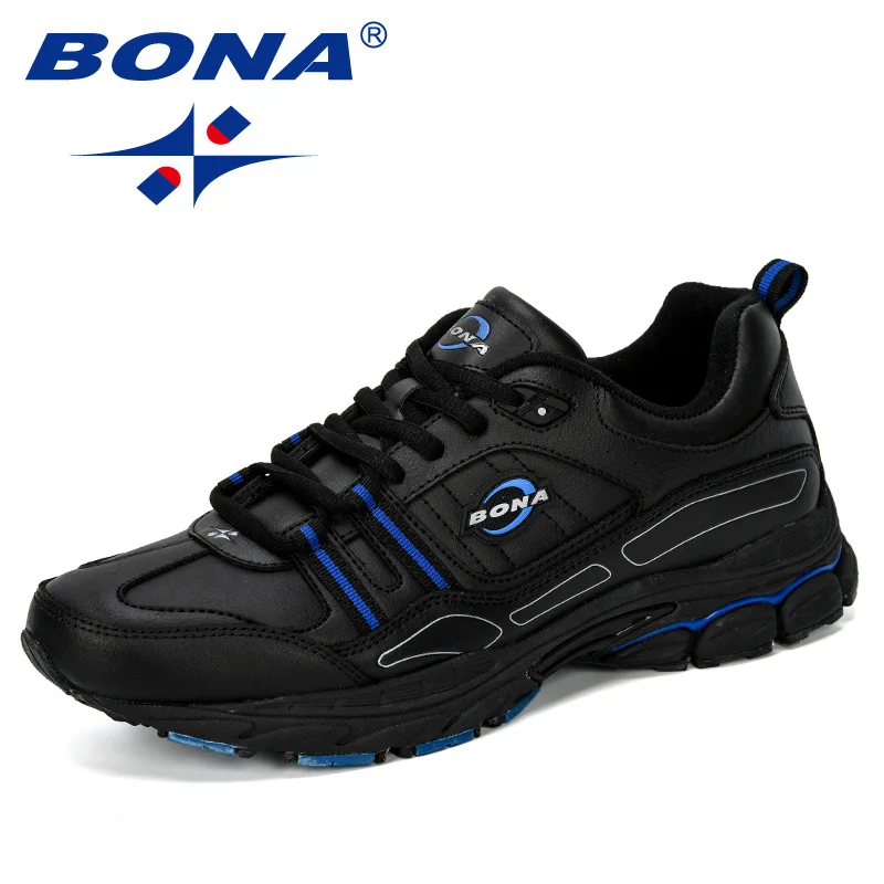 Black royal blue BONA новая популярная мужская спортивная обувь, мужские кроссовки, мужская обувь для бега, спортивная обувь, мужские уличные кроссовки, экшен кожа, для тенниса - Цвет: Black royal blue
