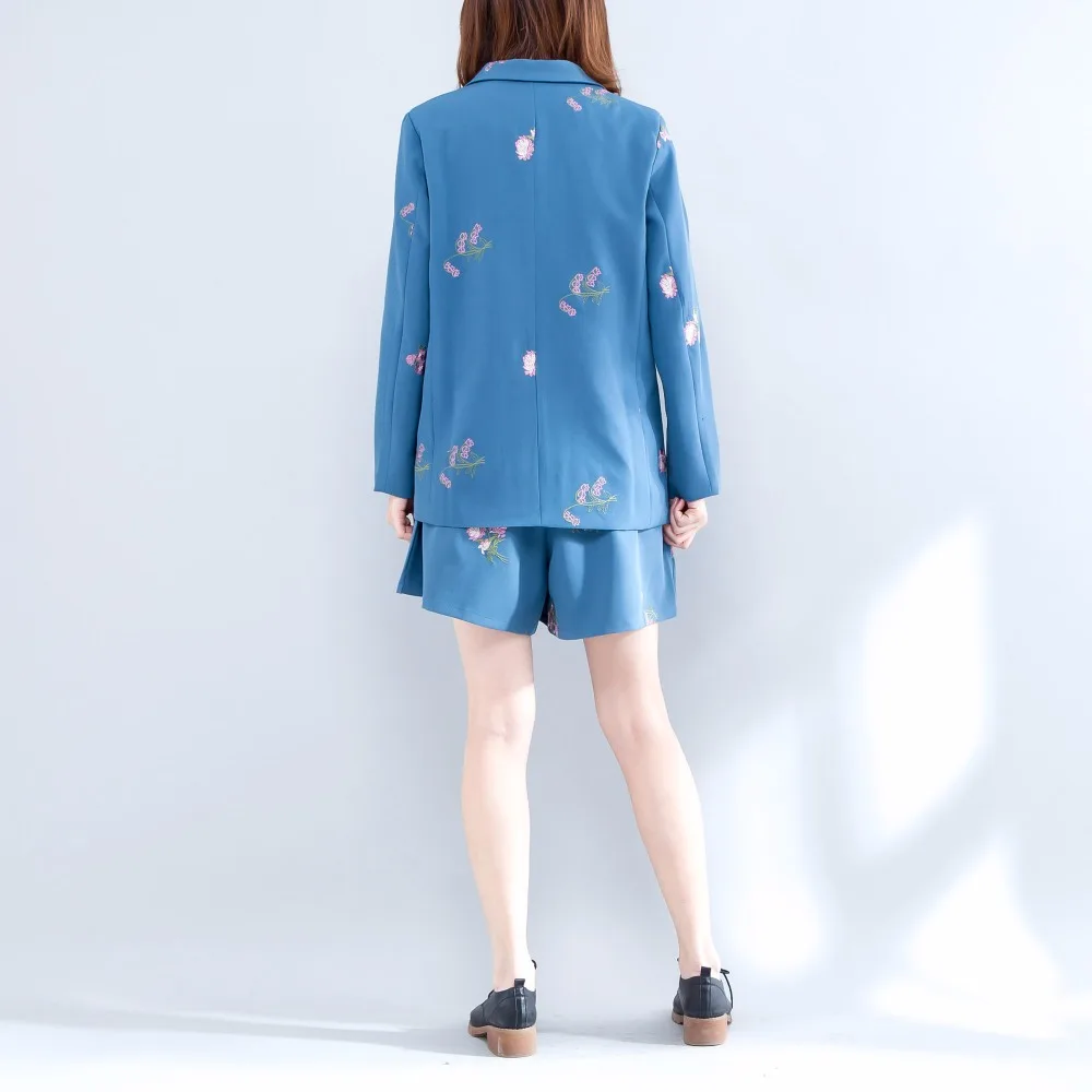 Женский брючный костюм из 2 предметов размера плюс Голубой пиджак с цветочной
