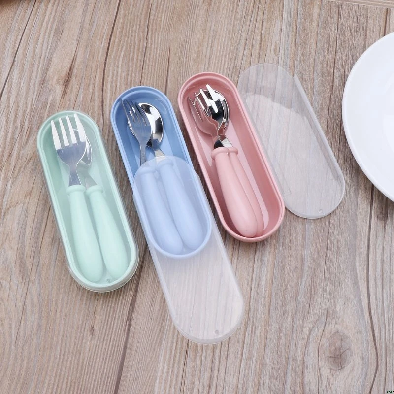 

2pcs/lot Baby Feeding Spoon Fork Set Stainless Steel Toddler Infant Tableware Flatware Kids Cutlery with Ant-Dust Box