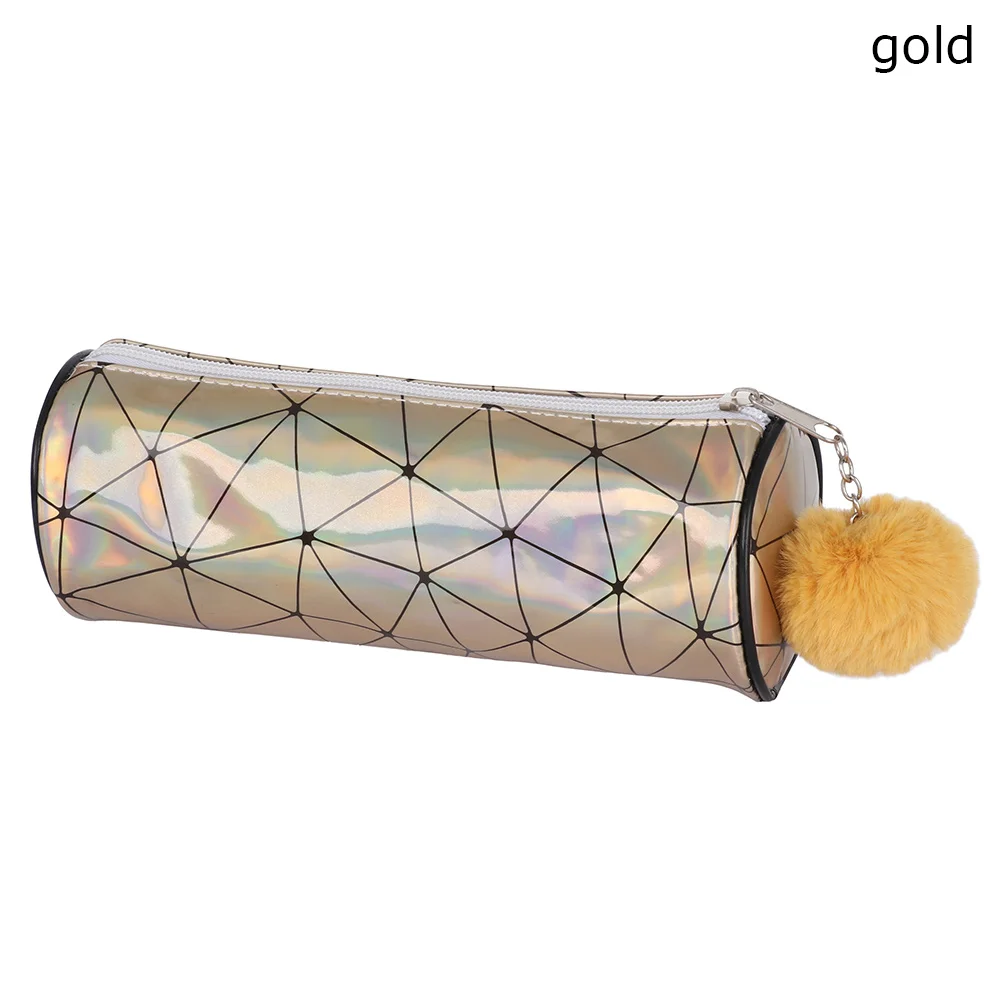 type1 gold 2 стиля модный цилиндрический Голографический лазерный блестящий чехол-карандаш с плюшевым шариком, сумка для макияжа, школьные офисные принадлежности - Цвет: type1 gold