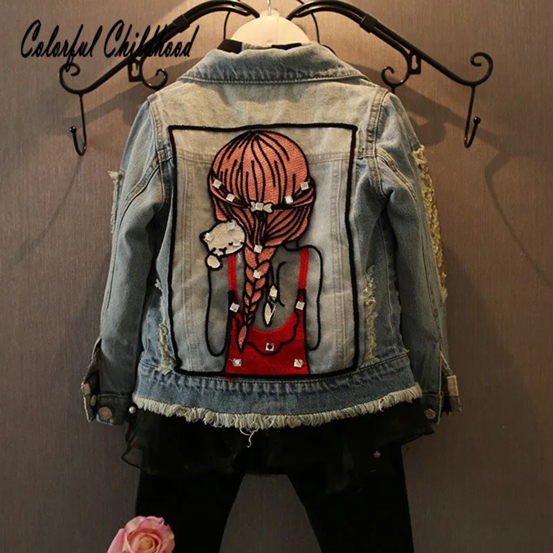

Girls denim outwear pretty Beauty avatar embroidery kids jacket long sleeve tops children clothes autumn winter