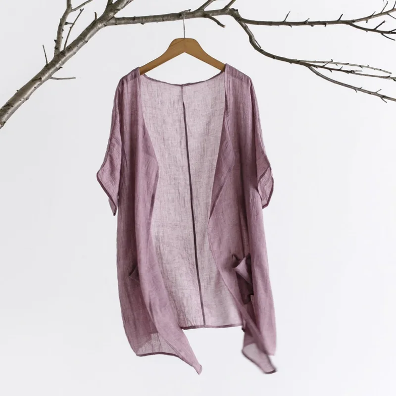 Летняя женская блузка из хлопка и льна свободная солнцезащитная одноцветная