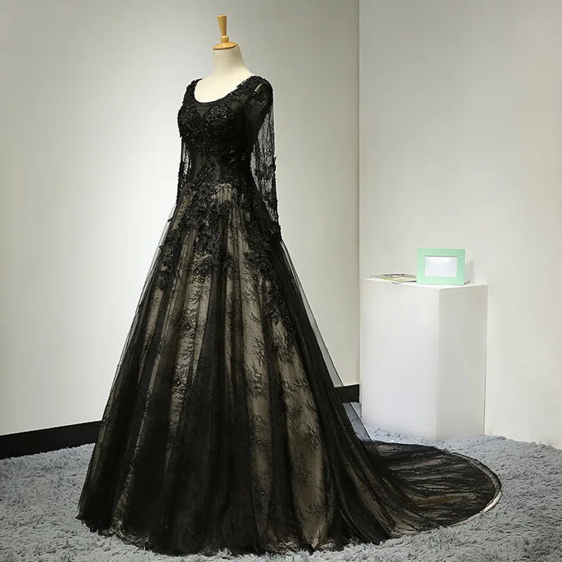 Mingli Tengda Black Long Slimming Sleeve Evening Dress Lace Pearls Illusion Sexy Dresses Scoop Neck Beading Vestido | Свадьбы и
