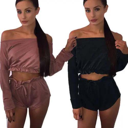 Новинка 2017 Женская Клубная одежда короткий топ с открытыми плечами и шорты