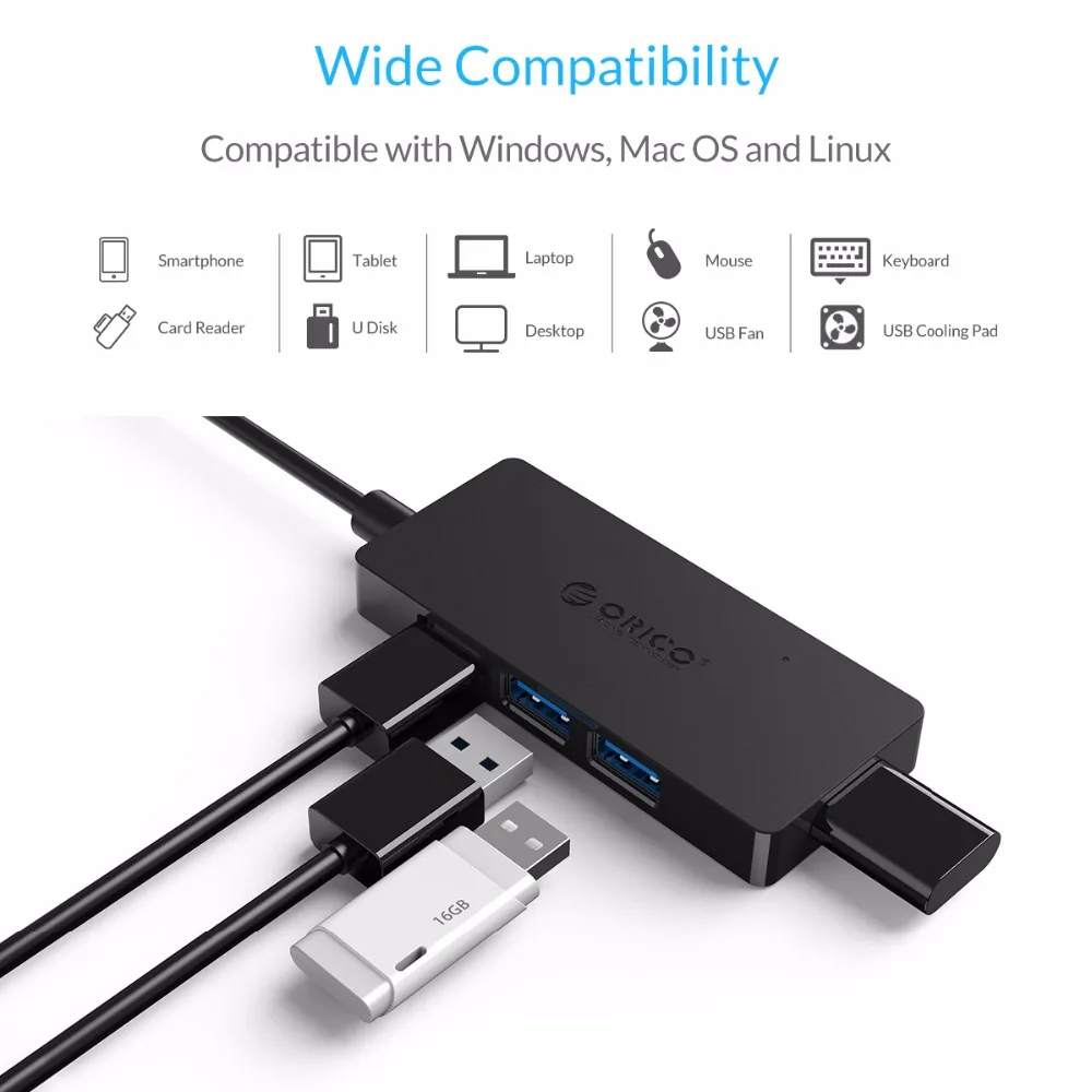 Прямоугольный мини хаб ORICO с 4 портами USB 3 0 и функцией OTG для ОС Windows Mac черный/белый
