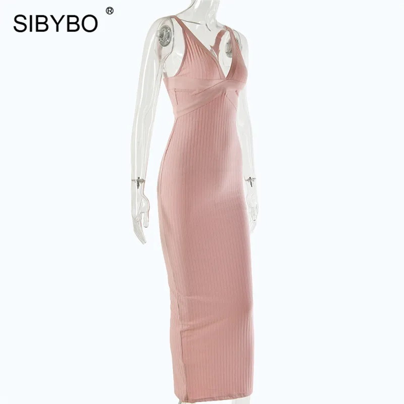 Sibybo, с разрезом, с открытой спиной, сексуальное длинное платье, вечерние, с глубоким v-образным вырезом, без рукавов, Осеннее, женское платье, на тонких бретелях, повседневное, облегающее платье
