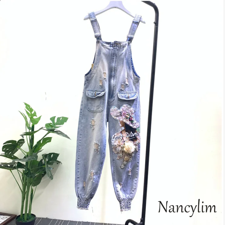 

Overalls for Women Strap Pants Womens Fashion Beaded Sequins Broken Hole Water Wash Denim Haren Jeans Students