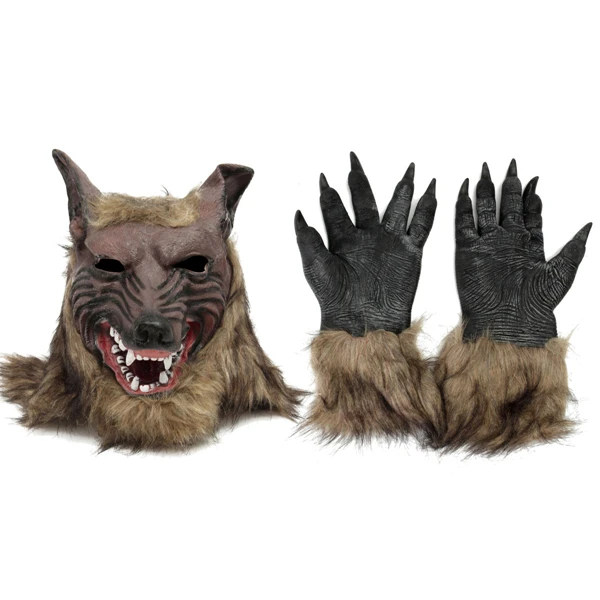 a set Косплей латексная резиновая Волчья Голова маска для волос перчатки, унисекс Новинка животное полная маска Хэллоуин ролевые игры маскарадный костюм для вечеринки - Цвет: a set