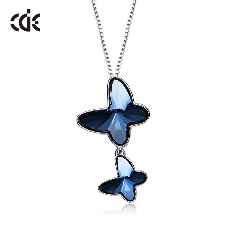 blue CDE 925 пробы Серебряное ожерелье украшено кристаллами Swarovski ожерелье с подвеской в виде бабочки женская цепочка серебряное ювелирное изделие - Цвет камня: blue