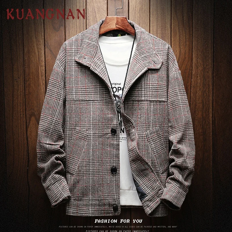 KUANGNAN Woolen Plaid Jacket Men Streetwear Bomber Coat Windbreaker Clothes Hip Hop 2019 New | Мужская одежда