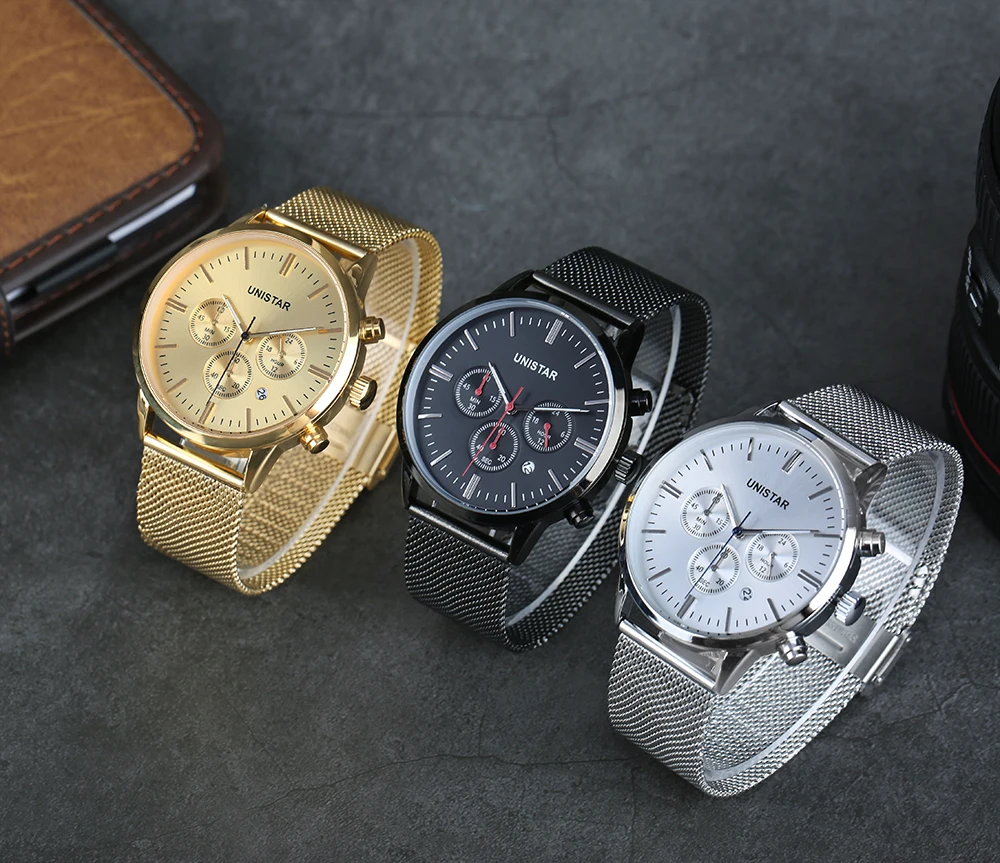 Unistar Роскошные Для мужчин часы Нержавеющая сталь кварцевые Топ человек
