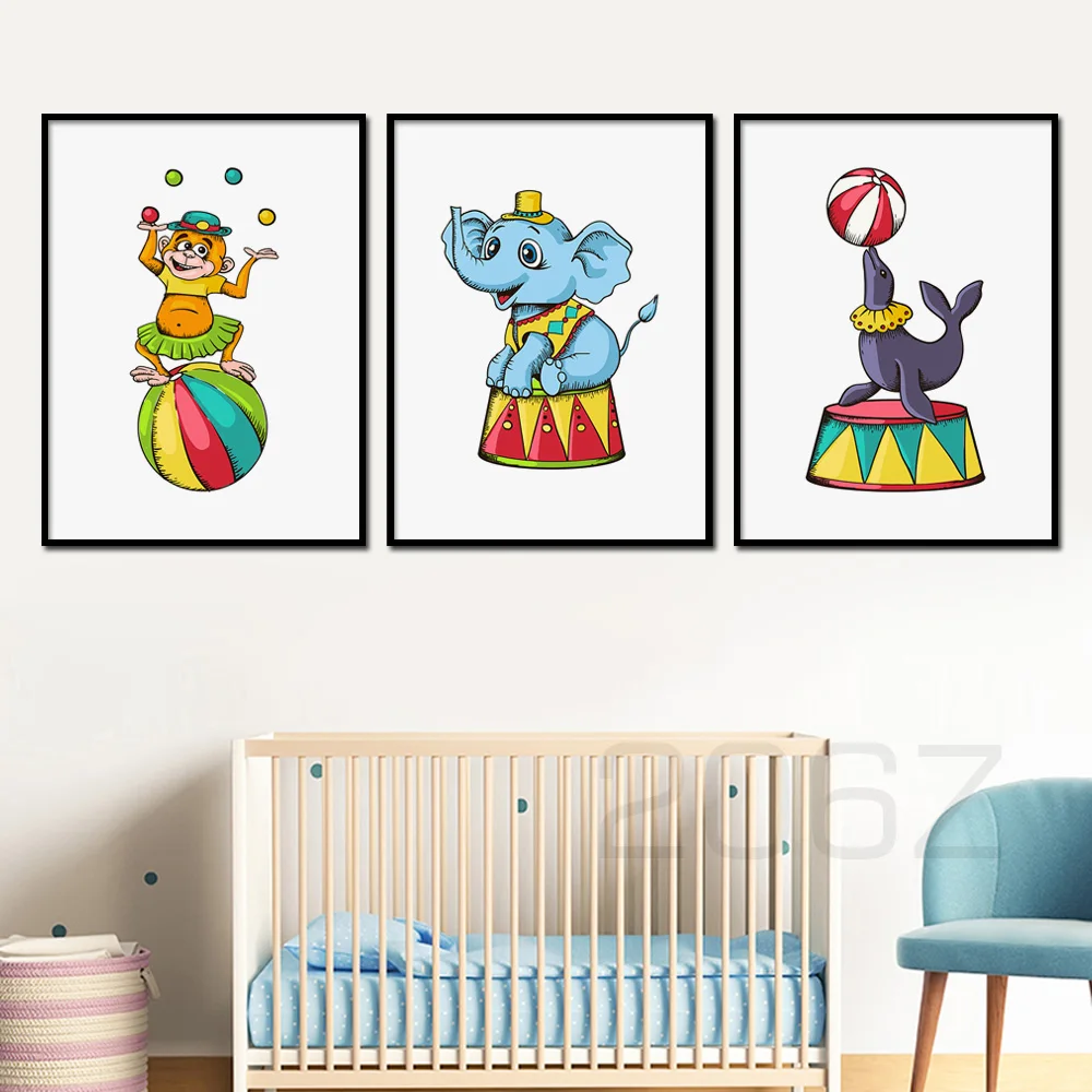 

Cartoon Circus Troupe Elephant Monkey Sea Lion Wall Art Canvas Painting Nordic Posters And Prints Wall Pictures Kids Room Decor