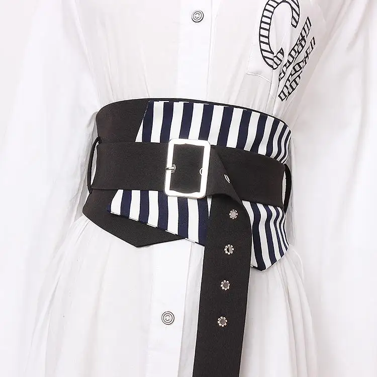 Navy and White Винтажный женский пояс в полоску, Модные корсеты, пояс, бандаж, широкие ремни для женщин, ремень с пряжкой, женская одежда, аксессуары - Цвет: Navy and White