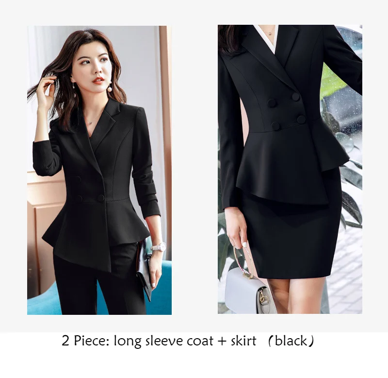 black coat and skirt Для женщин костюмы элегантный профессиональная одежда нерегулярные Chic пиджаки Офисные женские туфли модные Повседневное работы пальто брюки костюмы Женская одежда - Цвет: black coat and skirt