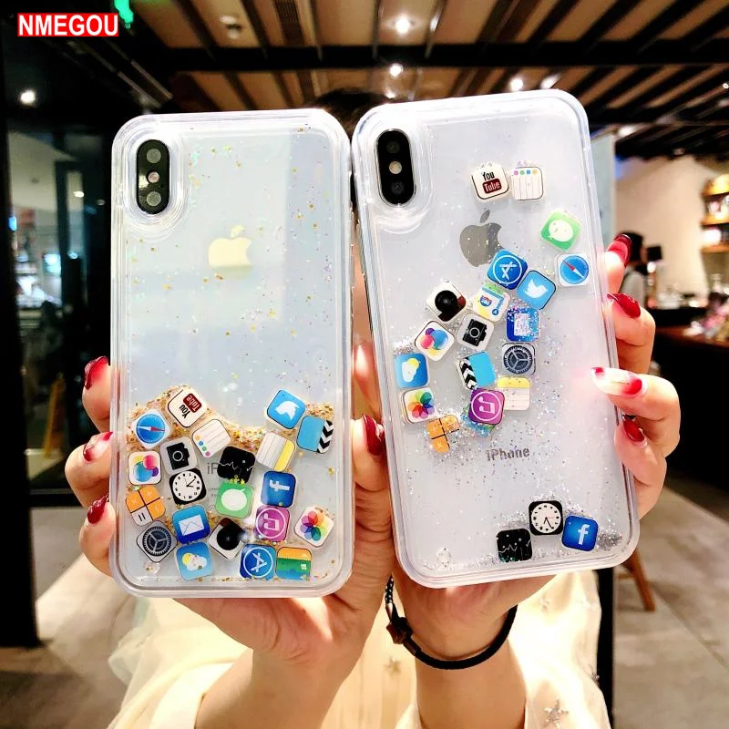 Мягкий силиконовый чехол из ТПУ с жидким блеском для IPhone Xs Max Xr X 6 6s 7 8 Plus, милый чехол для Apple, значок приложения
