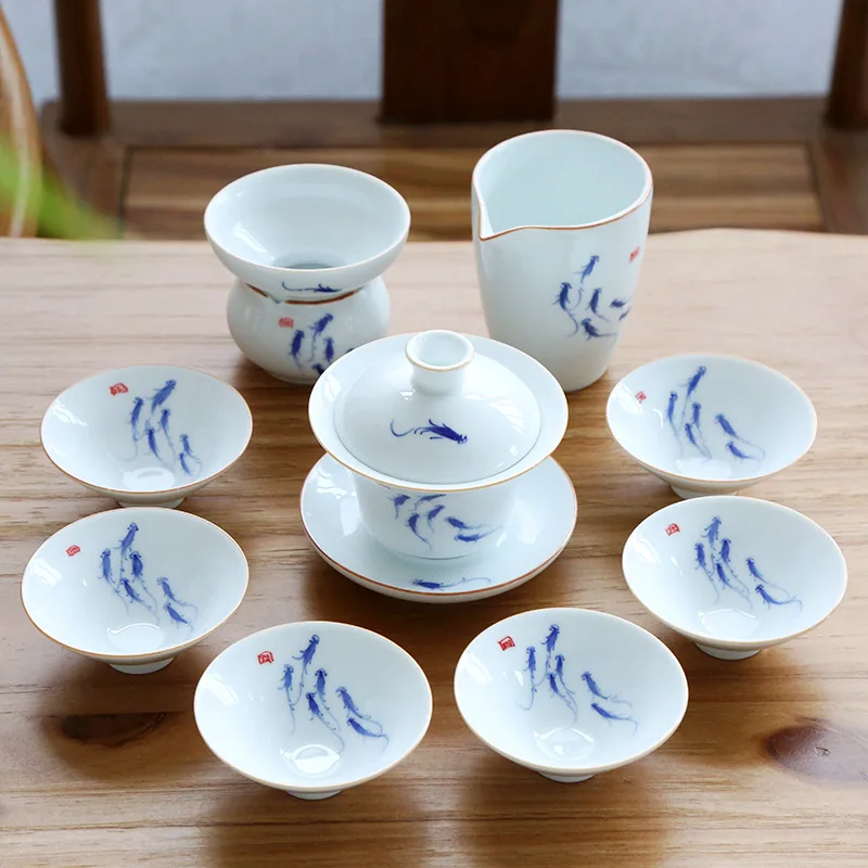 Чайный набор, керамический фарфор Цзиндэчжэнь, Gaiwan, чайная чашка, блюдце, крышка, ручная роспись, китайский кунг-фу, чайные наборы, полный набор, новинка