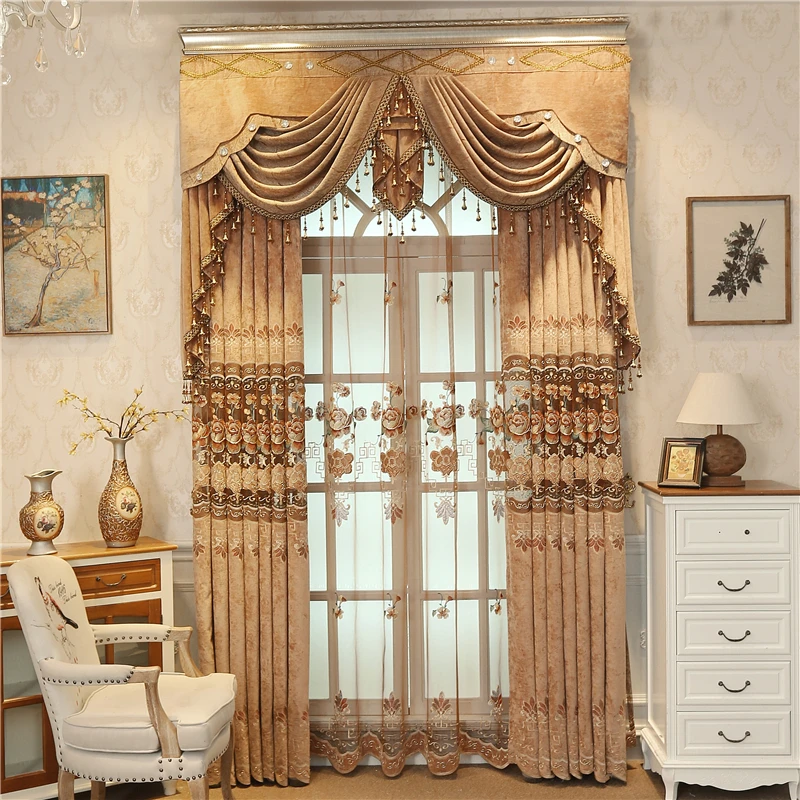 

Europe and United States Style top luxury embroidered floor Curtains for Living Room with high quality Voile Curtain for Bedroom