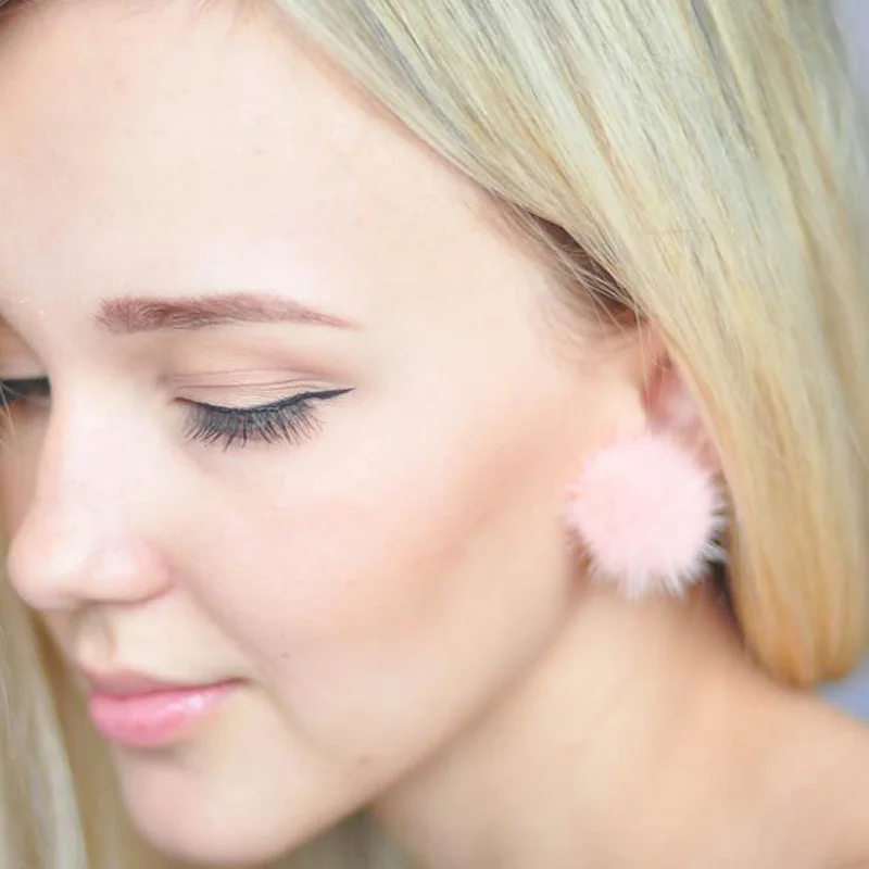 Модные серьги металлические с шариком из натурального меха норки цветком для